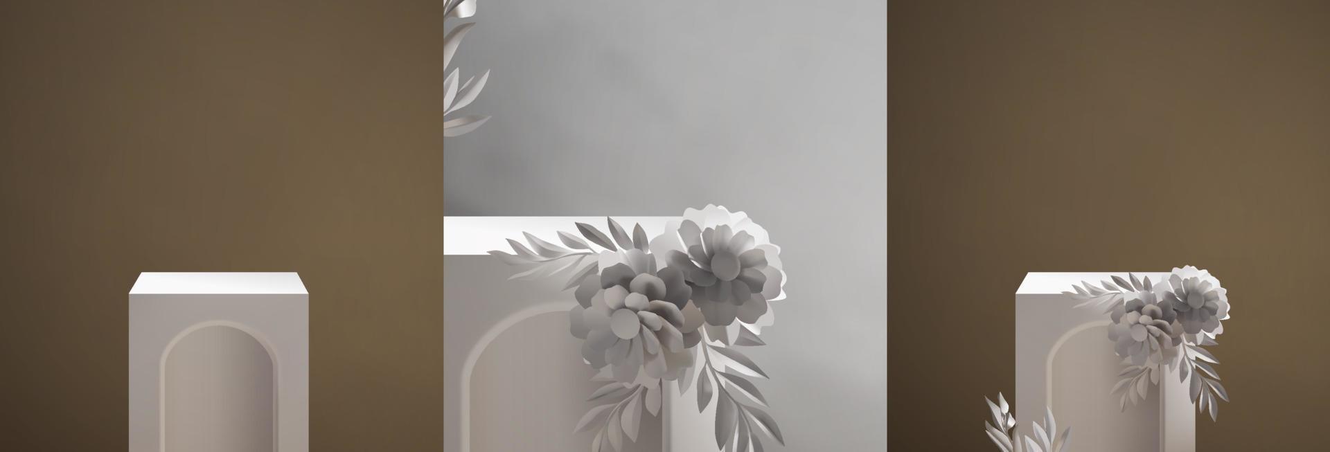 modèle de scène de podium vide élégant vintage pour la présentation de l'affichage du produit avec une belle décoration de bouquet de fleurs. Illustration vectorielle de placement de produit de style vintage réaliste 3d vecteur