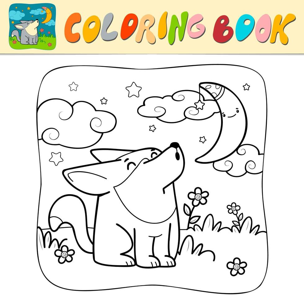 livre de coloriage ou page de coloriage pour les enfants. loup noir et blanc vecteur. fond naturel vecteur