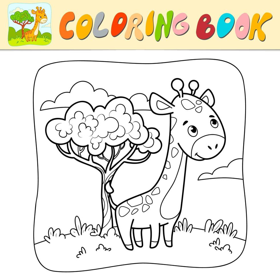 livre de coloriage ou page de coloriage pour les enfants. vecteur de girafe noir et blanc. fond naturel