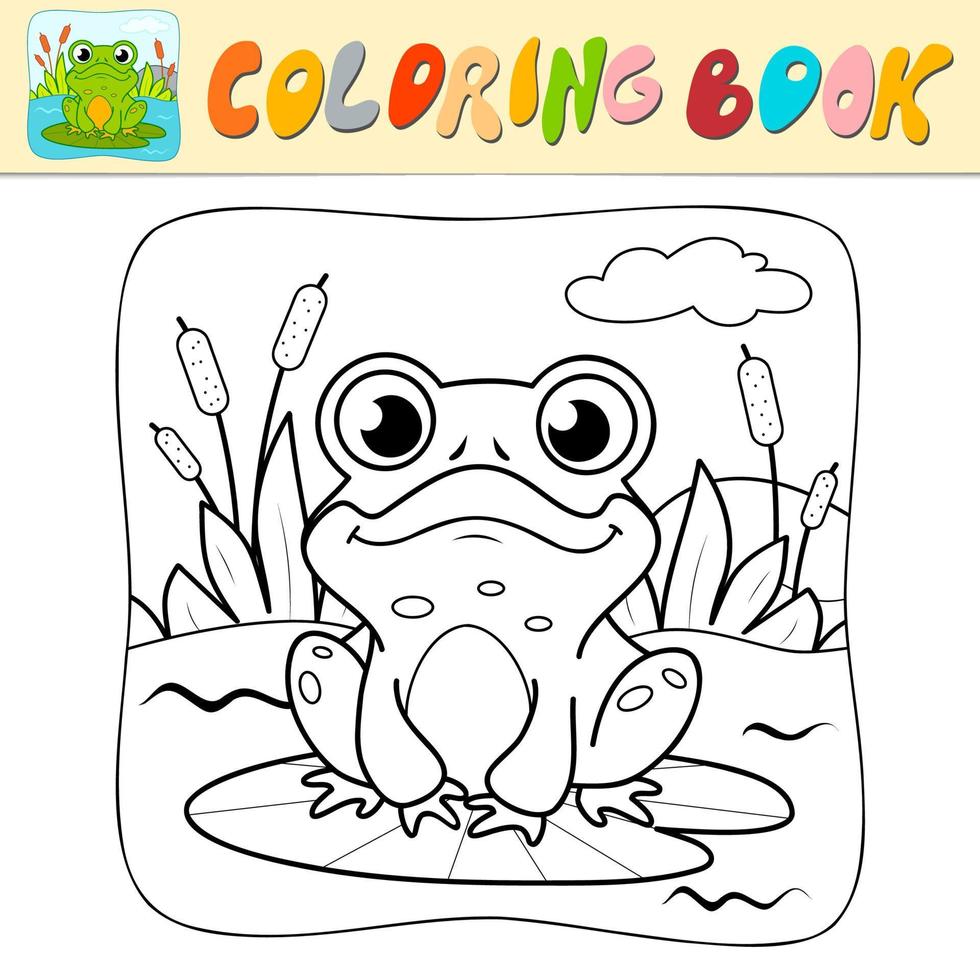livre de coloriage ou page de coloriage pour les enfants. grenouille vecteur noir et blanc. fond naturel