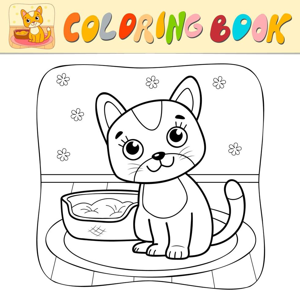 livre de coloriage ou page de coloriage pour les enfants. chat vecteur noir et blanc. fond naturel