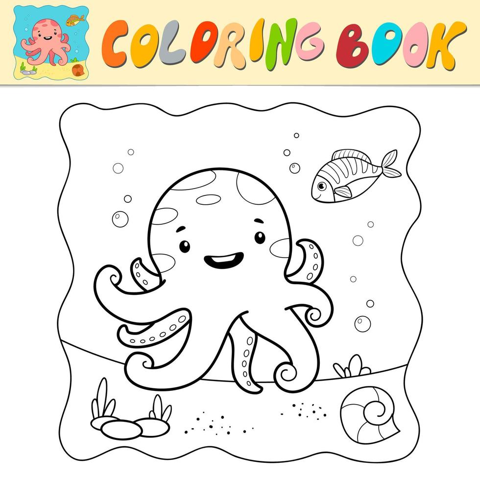 livre de coloriage ou page de coloriage pour les enfants. vecteur noir et blanc de poulpe. fond marin