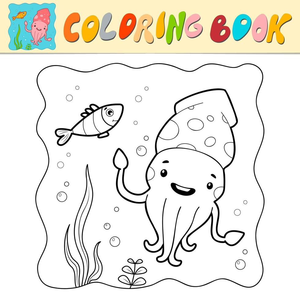 livre de coloriage ou page de coloriage pour les enfants. calmar vecteur noir et blanc. fond marin