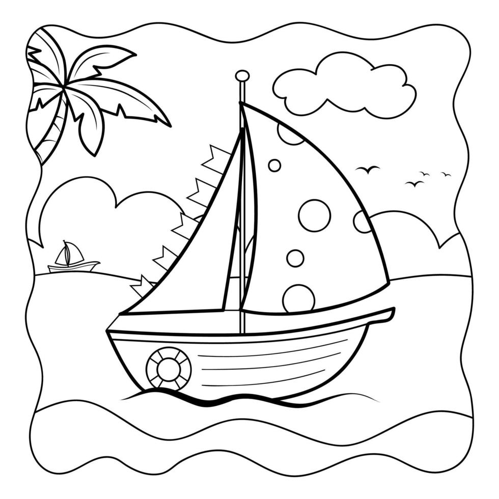 bateau noir et blanc. livre de coloriage ou page de coloriage pour les enfants. fond naturel vecteur
