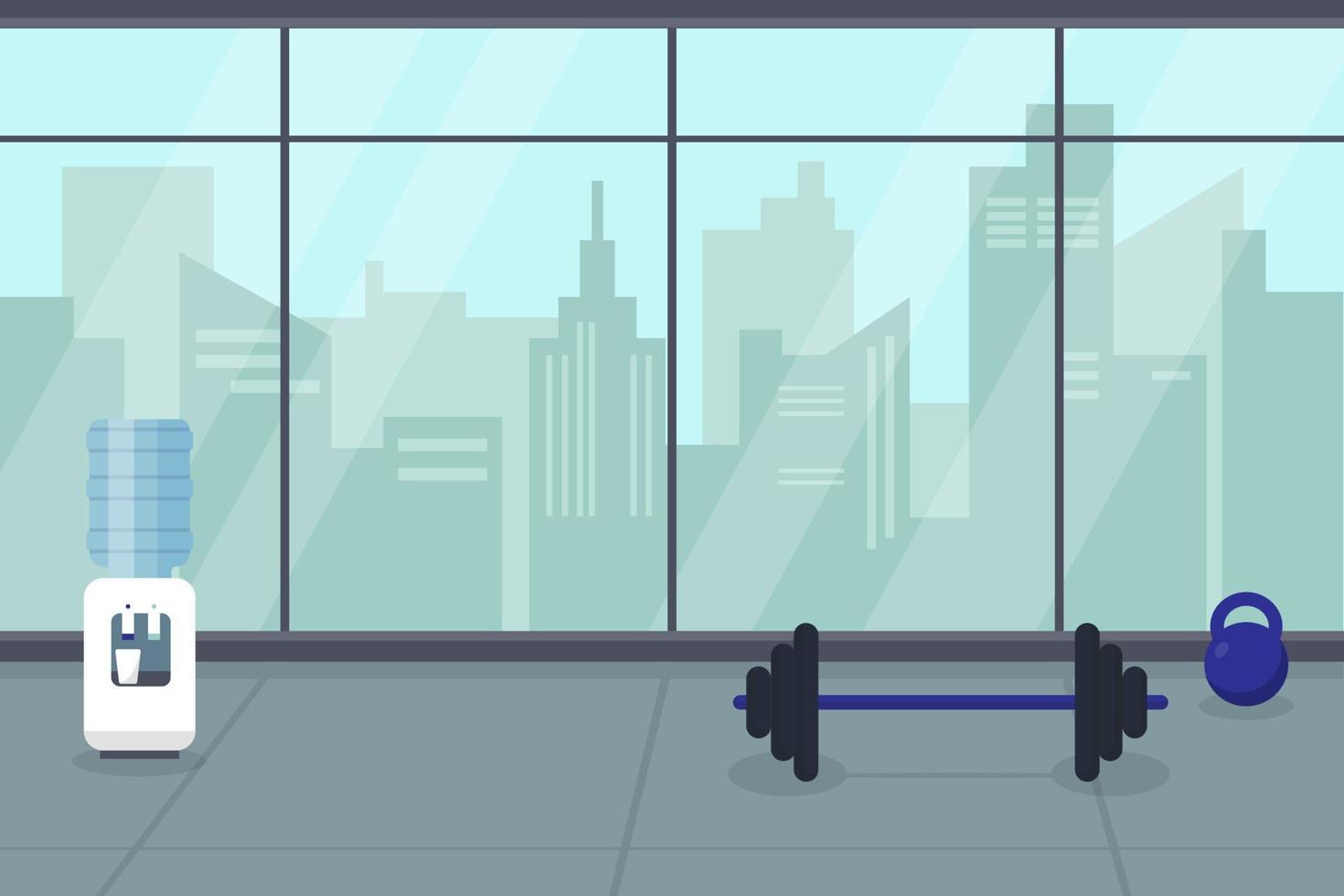 salle de gym vide moderne ou salle de fitness avec grande fenêtre panoramique et vue sur la ville. illustration vectorielle de concept intérieur. vecteur