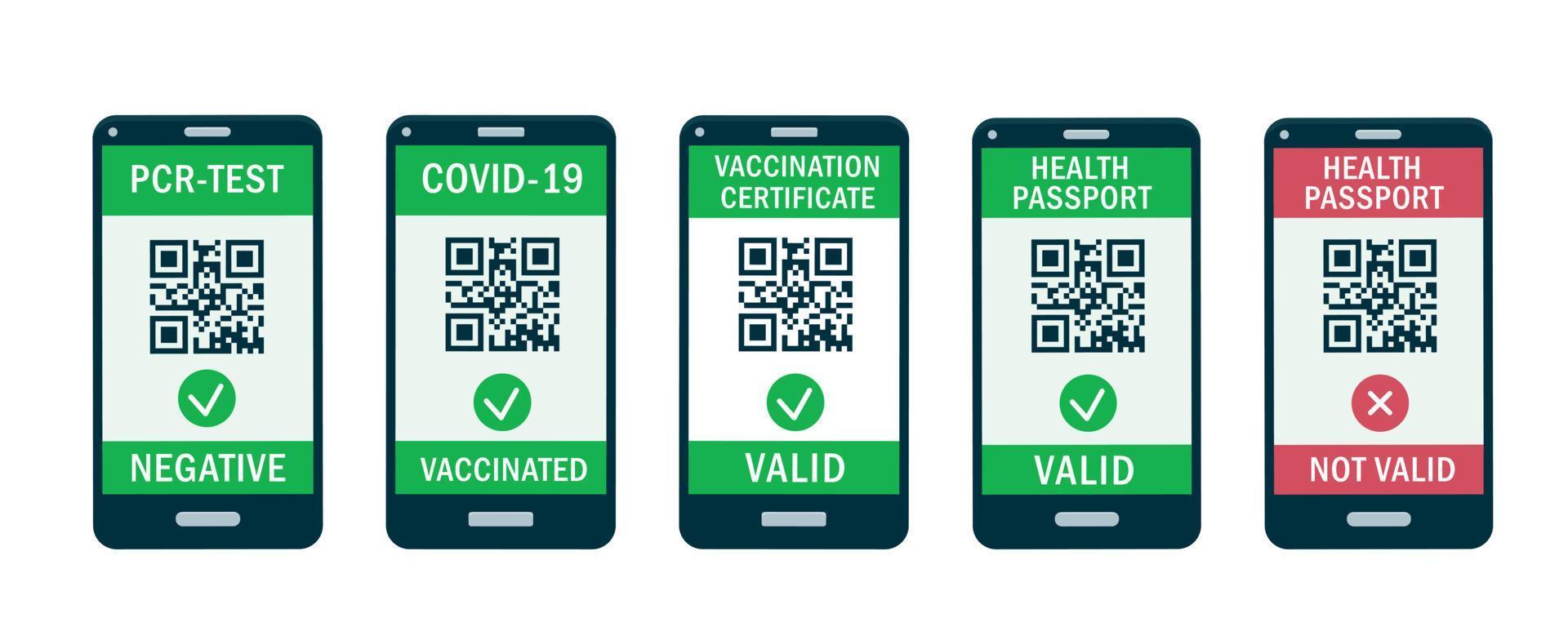 téléphones portables avec application qr-code sur les écrans. passeport santé, test pcr, certificat immunitaire covid-19 ou pass vert vaccin numérique. concept de voyage en toute sécurité illustration vectorielle plane isolée sur blanc. vecteur