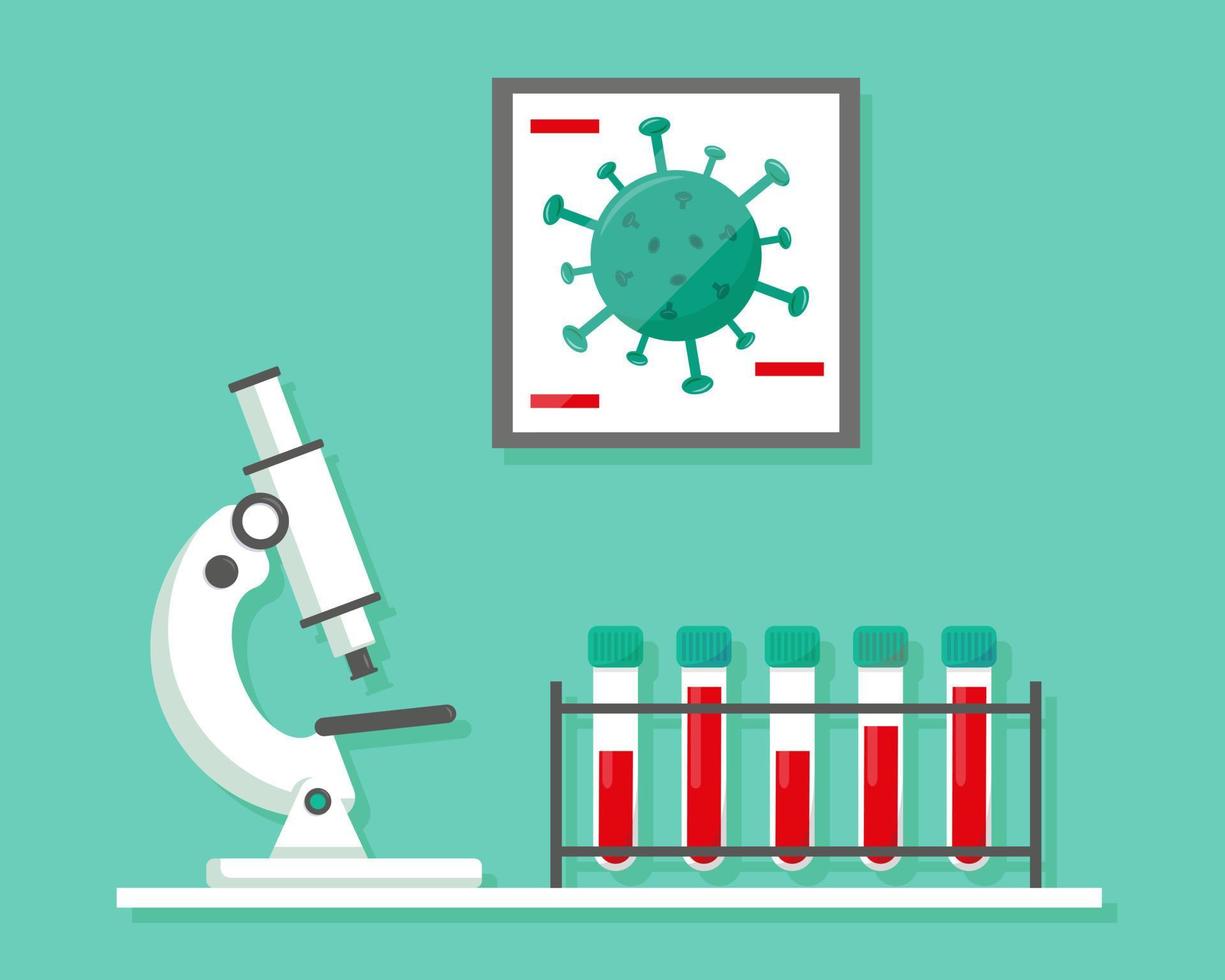 équipement médical pour laboratoire d'analyses sanguines. microscope et tubes avec du sang pour l'analyse de virus. illustration vectorielle. vecteur