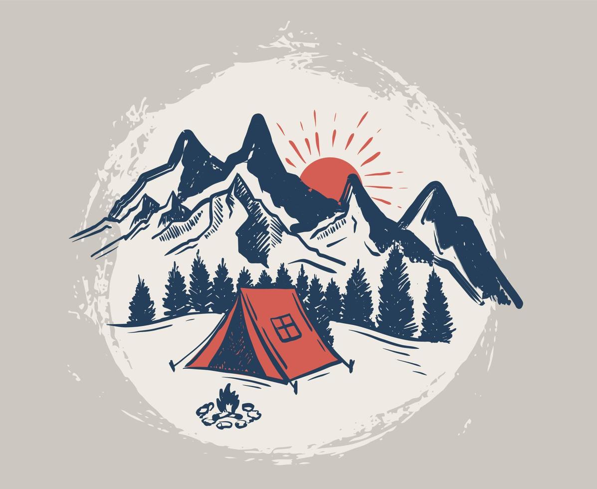croquis camping dans la nature, paysage de montagne, illustrations vectorielles. vecteur
