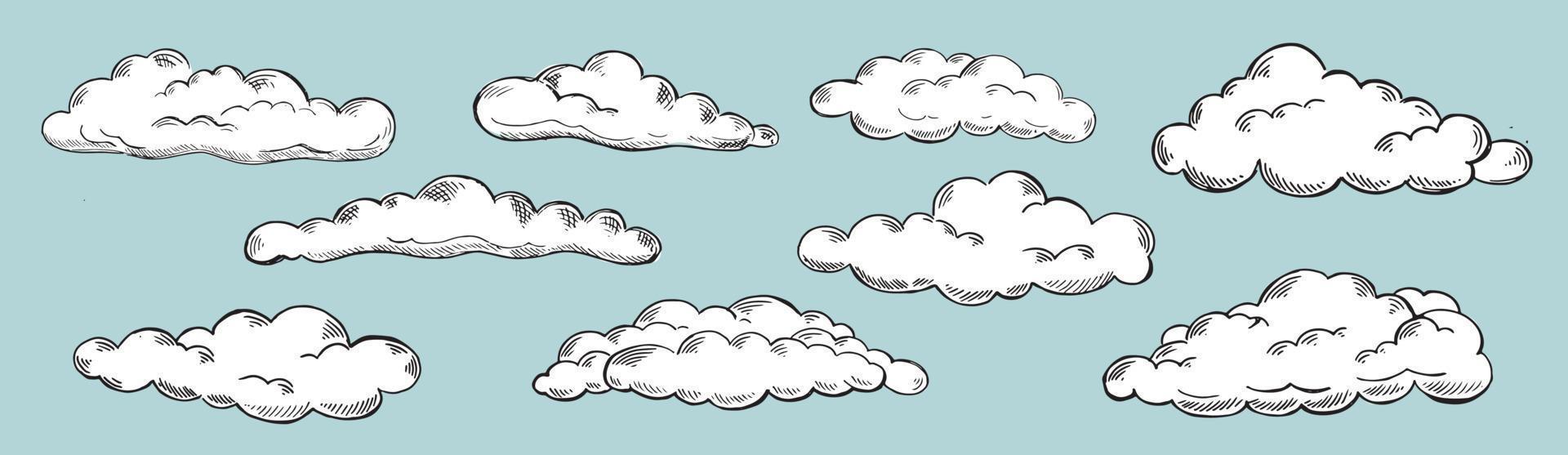 ensemble de nuages dans un style dessiné à la main. vecteur