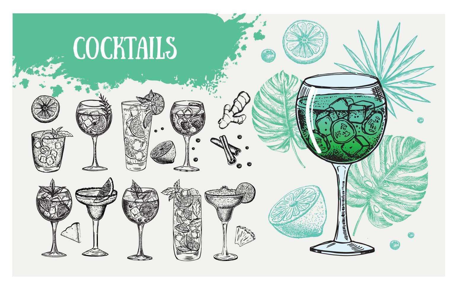 modèle de conception de menu de cocktails. cocktails alcoolisés dessinés à la main. vecteur