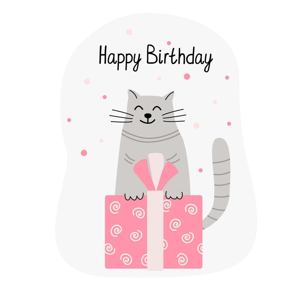 carte d'anniversaire avec un chat et une boîte cadeau vecteur