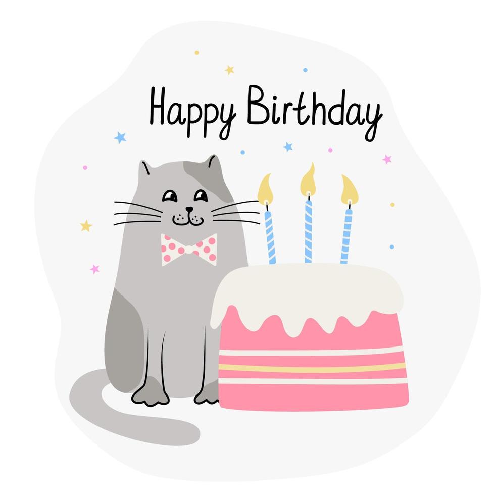 carte de joyeux anniversaire avec un chat mignon et un gâteau avec des bougies vecteur