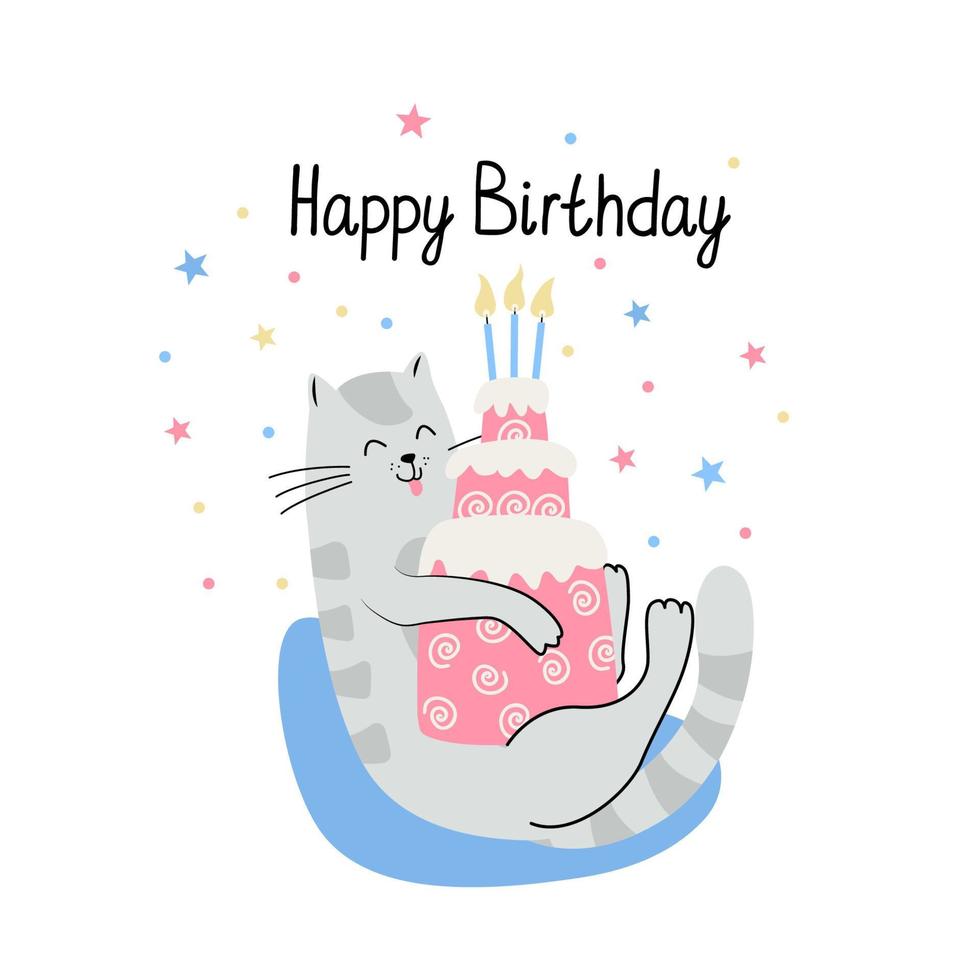 carte de joyeux anniversaire avec chat et gâteau et bougies vecteur