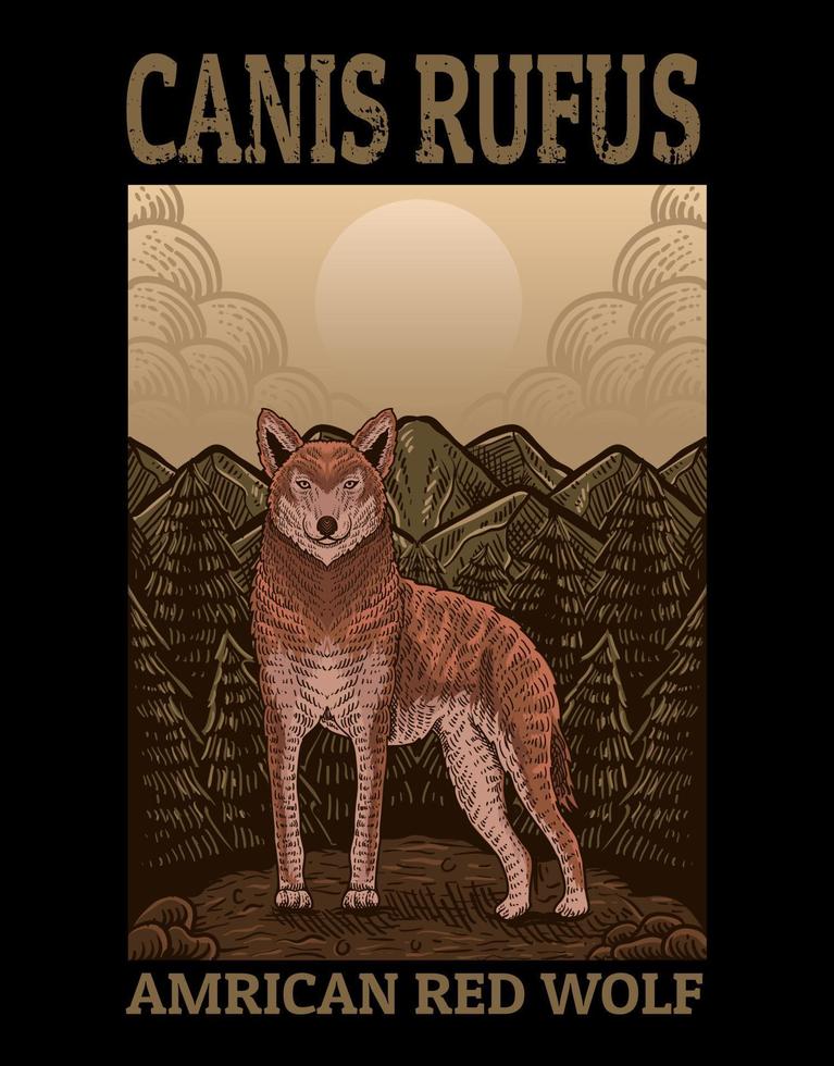 illustration loup rouge américain avec montagne vecteur