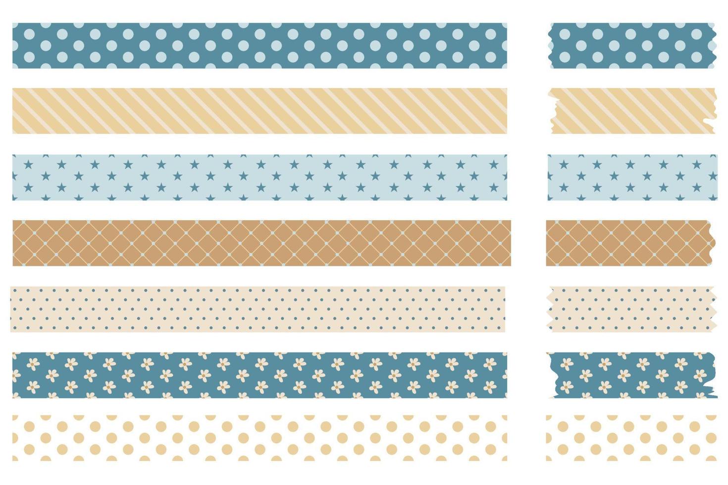 bandes de washi tape vintage colorées avec des motifs géométriques et floraux. aux bords irréguliers. illustration vectorielle isolée sur fond blanc. lignes cercles fleurs pois autocollants pour planificateur vecteur
