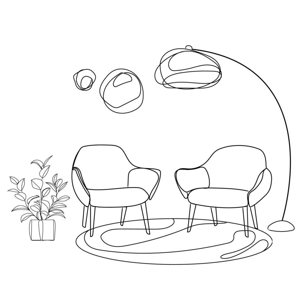 salon moderne design d'intérieur dessin au trait illustration vectorielle.deux fauteuils, lampadaire, plante d'intérieur.salon de dessin meublé.esquisse d'illustration de contour sur fond blanc.design d'intérieur minimaliste vecteur