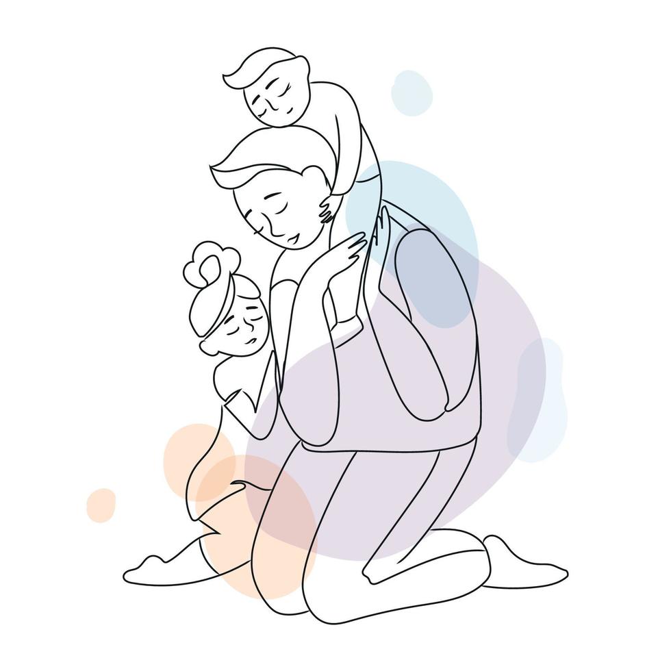 père attentionné avec enfants vector illustration dans un style moderne isolé sur fond blanc.line art dessin papa masculin avec petit fils et fille.illustration de la fête des pères.concept de famille heureuse