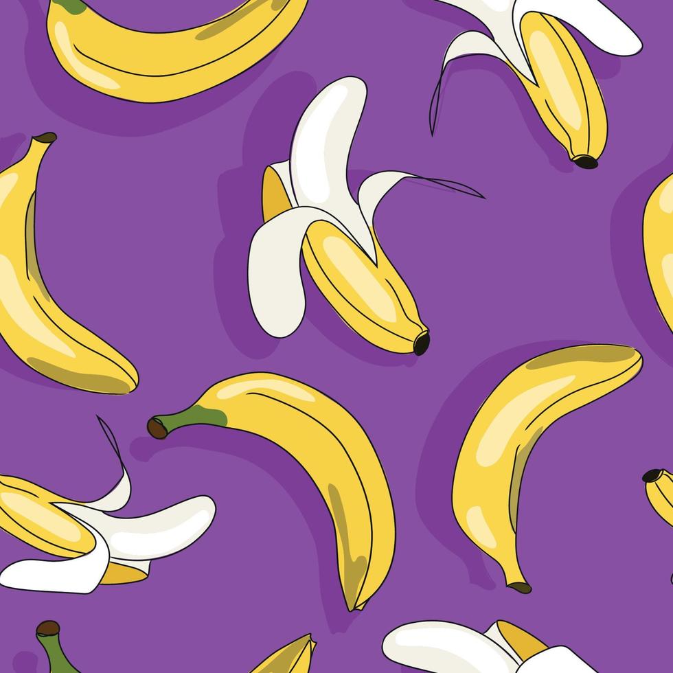 modèle sans couture de bananes d'été colorées sur fond violet illustration de fruits vectoriels. modèle sans couture de bananes de dessin animé pour le textile, la conception de papier peint. vecteur