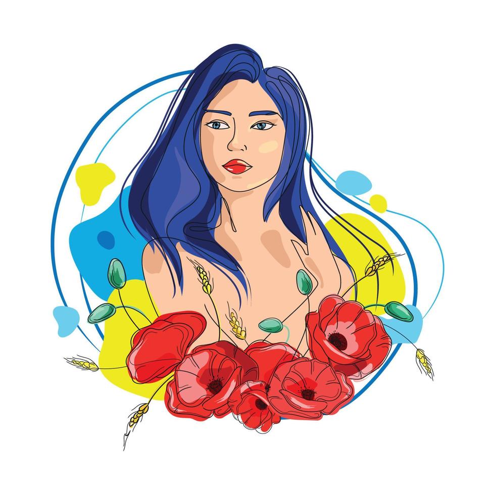 femme ukrainienne avec portrait de coquelicots fleurs rouges dans un style de dessin abstrait.illustration vectorielle isolée sur fond blanc.jeune belle fille ukrainienne aux cheveux bleus vecteur