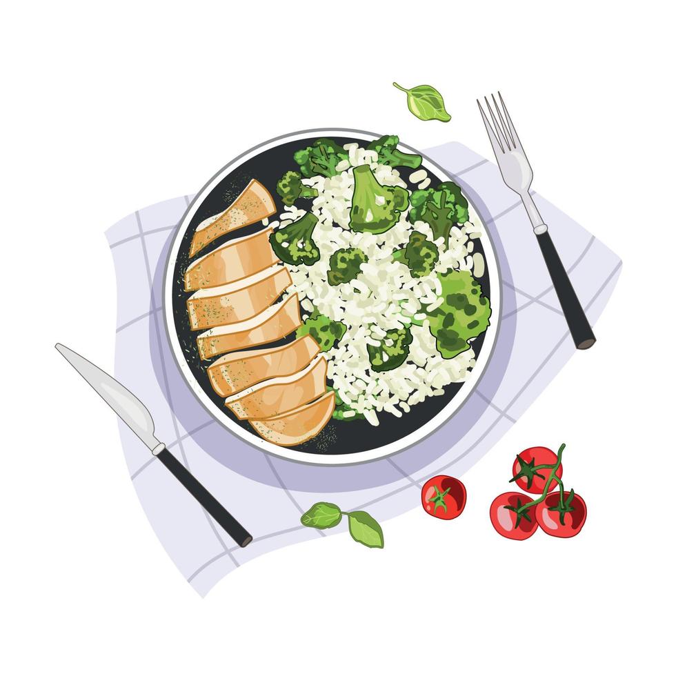 poitrine de poulet avec du riz et du brocoli sur une assiette vue de dessus illustration vectorielle isolée sur fond blanc. concept d'aliments sains. assiette avec des aliments sains et des couverts dessin de style réaliste vecteur