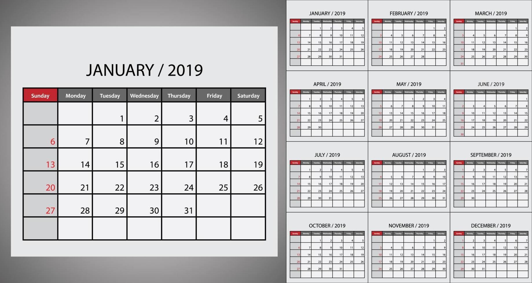 calendrier 2019 début de la semaine le dimanche vecteur