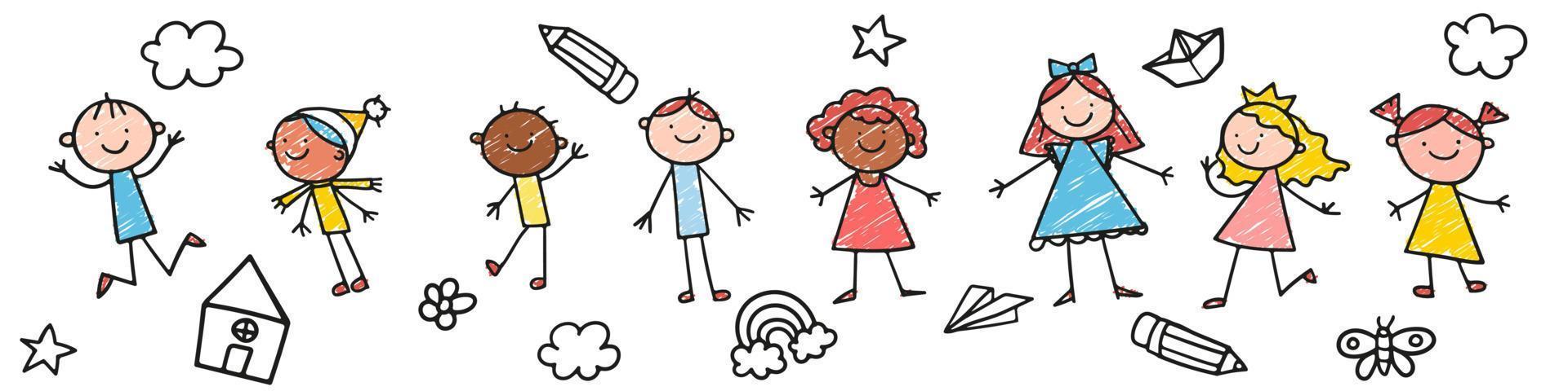 groupe d'enfants sautant drôles. notion d'amitié. heureux enfants mignons de doodle. illustration vectorielle isolée dans un style dessiné à la main, les enfants sautent ensemble. enfance heureuse. doodle vecteur dessiné à la main