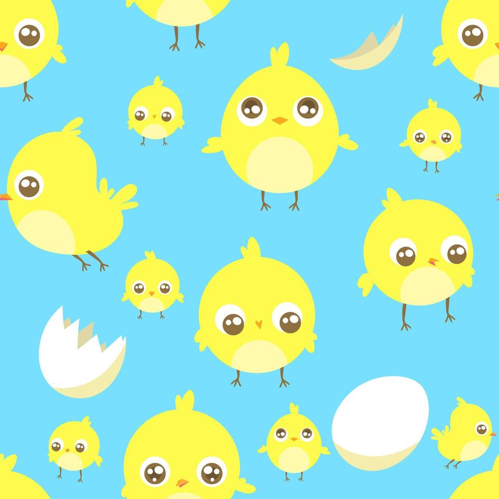 petits poulets jaunes mignons de dessin animé dans différentes poses et œufs cassés. fond bleu. motif de fond sans couture. illustration de l'enfant. illustrations vectorielles vecteur