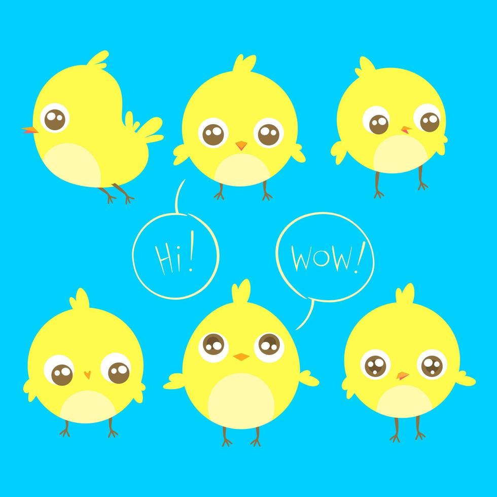 petits poulets jaunes de dessin animé dans différentes poses. dire bonjour et wow illustrations vectorielles. vecteur