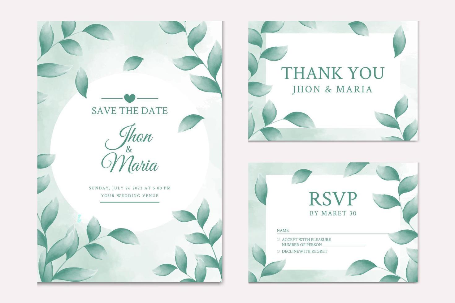 modèle de carte d'invitation de mariage couleur eau florale de belles feuilles vertes vecteur