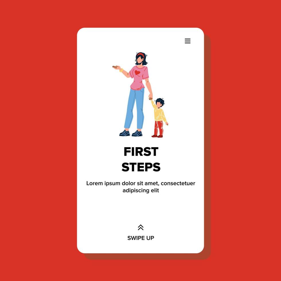 les premiers pas font que le petit garçon aide le vecteur de la mère