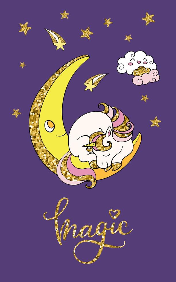 licorne endormie sur l'illustration vectorielle de la lune dorée vecteur