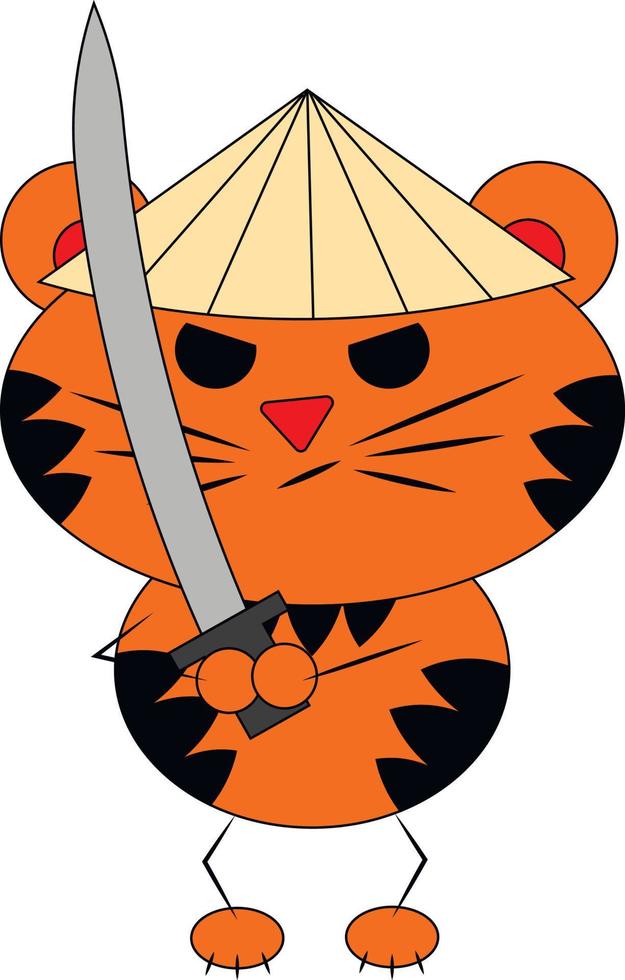 samouraï tigre de dessin animé mignon. dessiner une illustration en couleur vecteur