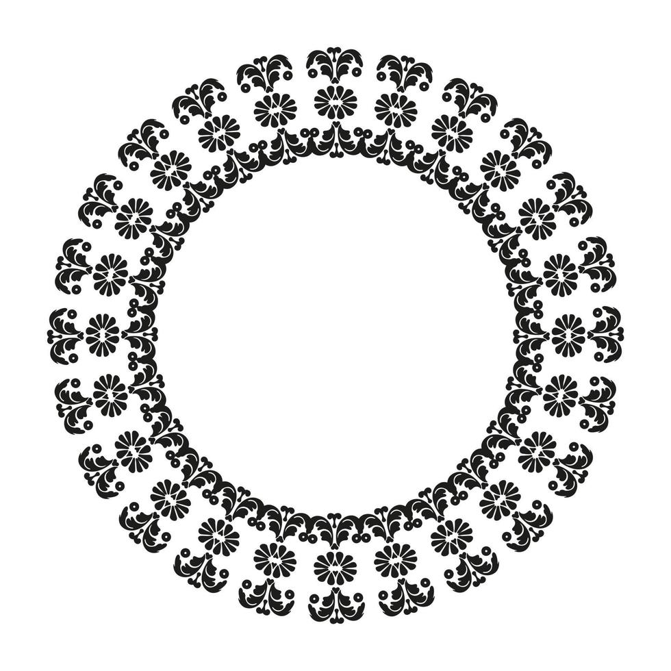 motif damassé rond avec place pour le texte. cadre fleuri. noir et blanc. arabesque pour la décoration de cartes et d'invitations. vecteur