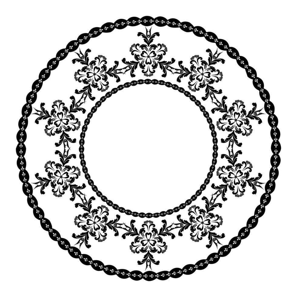 cadre rond décoratif pour la conception de cadres, de menus, de faire-part de mariage ou d'étiquettes, pour la découpe au laser, la création de motifs en bois, la marqueterie. graphiques numériques. noir et blanc. vecteur