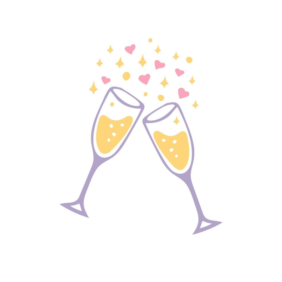 verres avec icône de champagne. style de griffonnage dessiné à la main. , minimalisme. vacances, fête, amour, la saint valentin, anniversaire de mariage anniversaire vacances acclamations vecteur