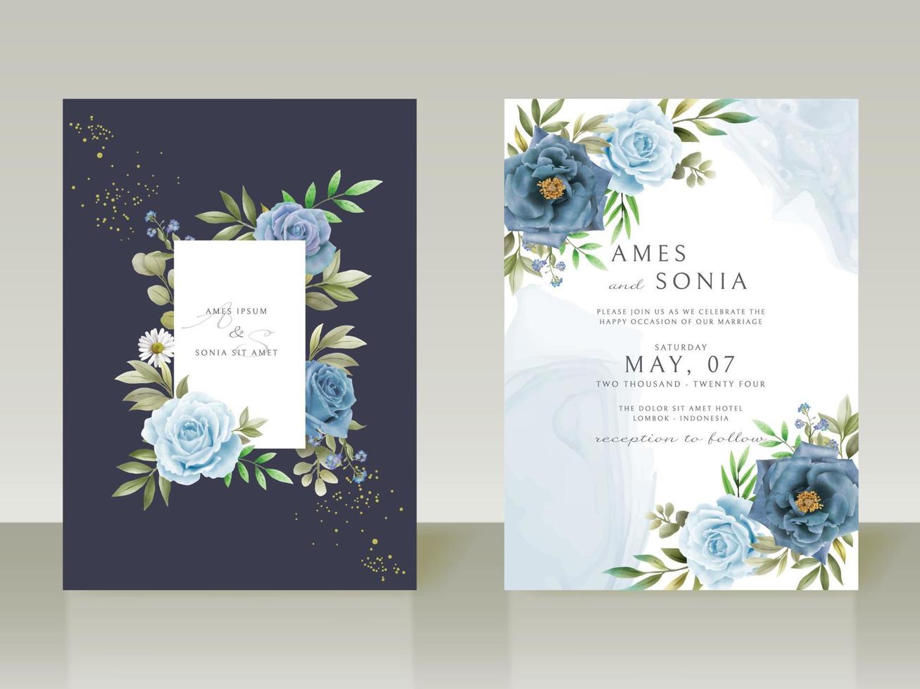 invitations de mariage de fleurs bleues élégantes vecteur