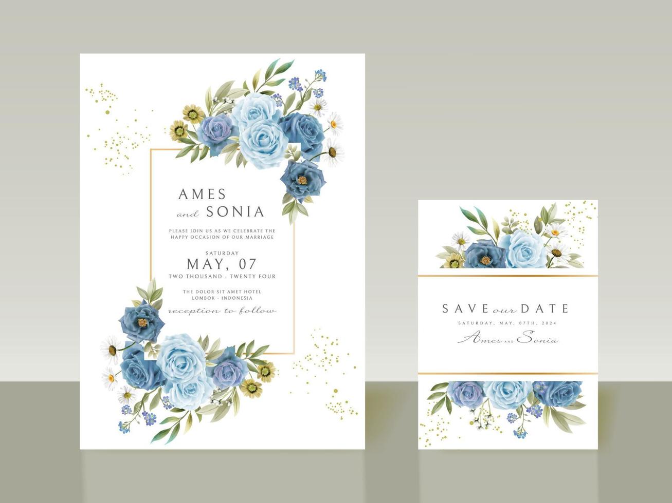 invitations de mariage de fleurs bleues élégantes vecteur