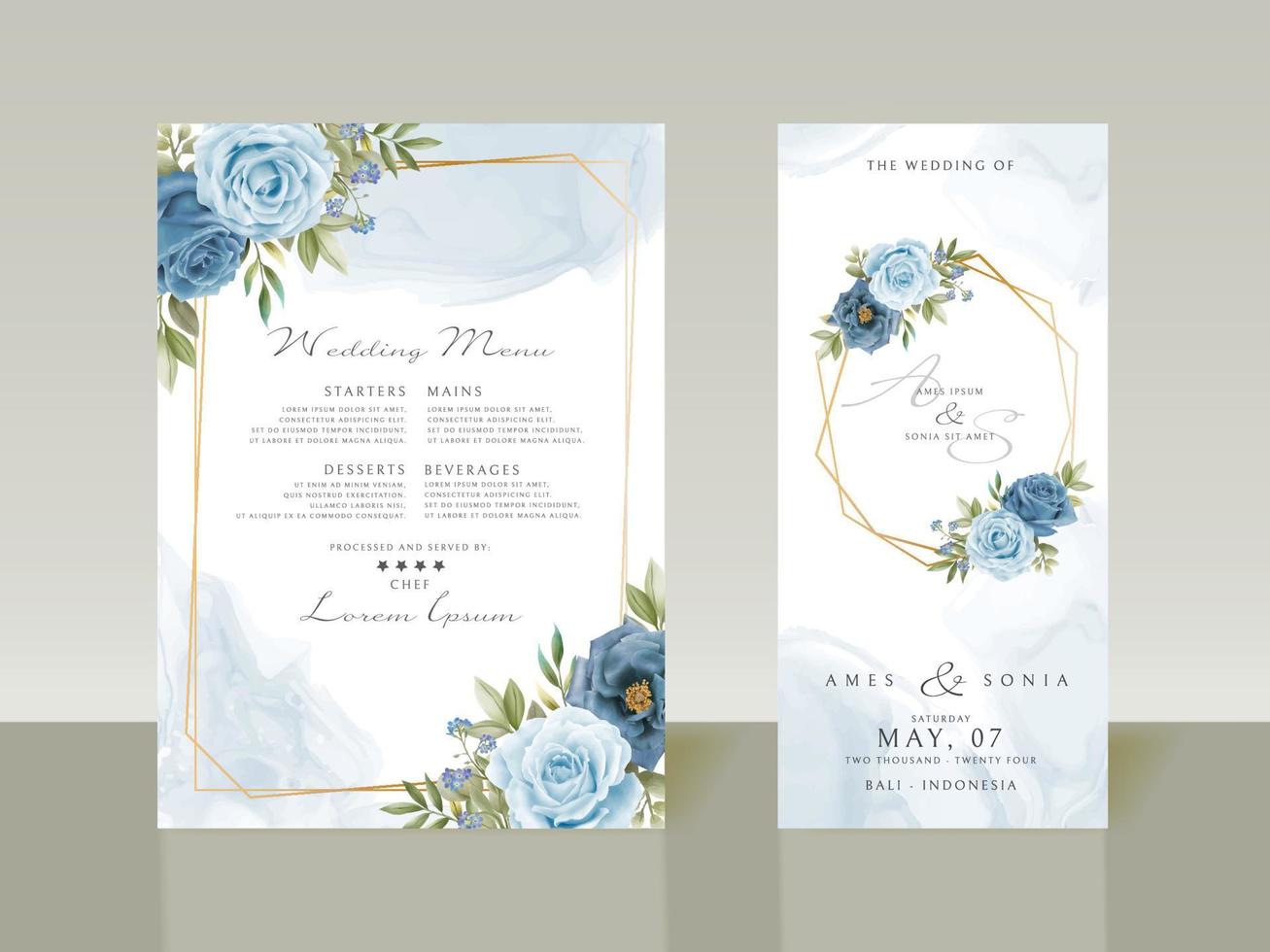 invitations de mariage de fleurs bleues élégantes vecteur