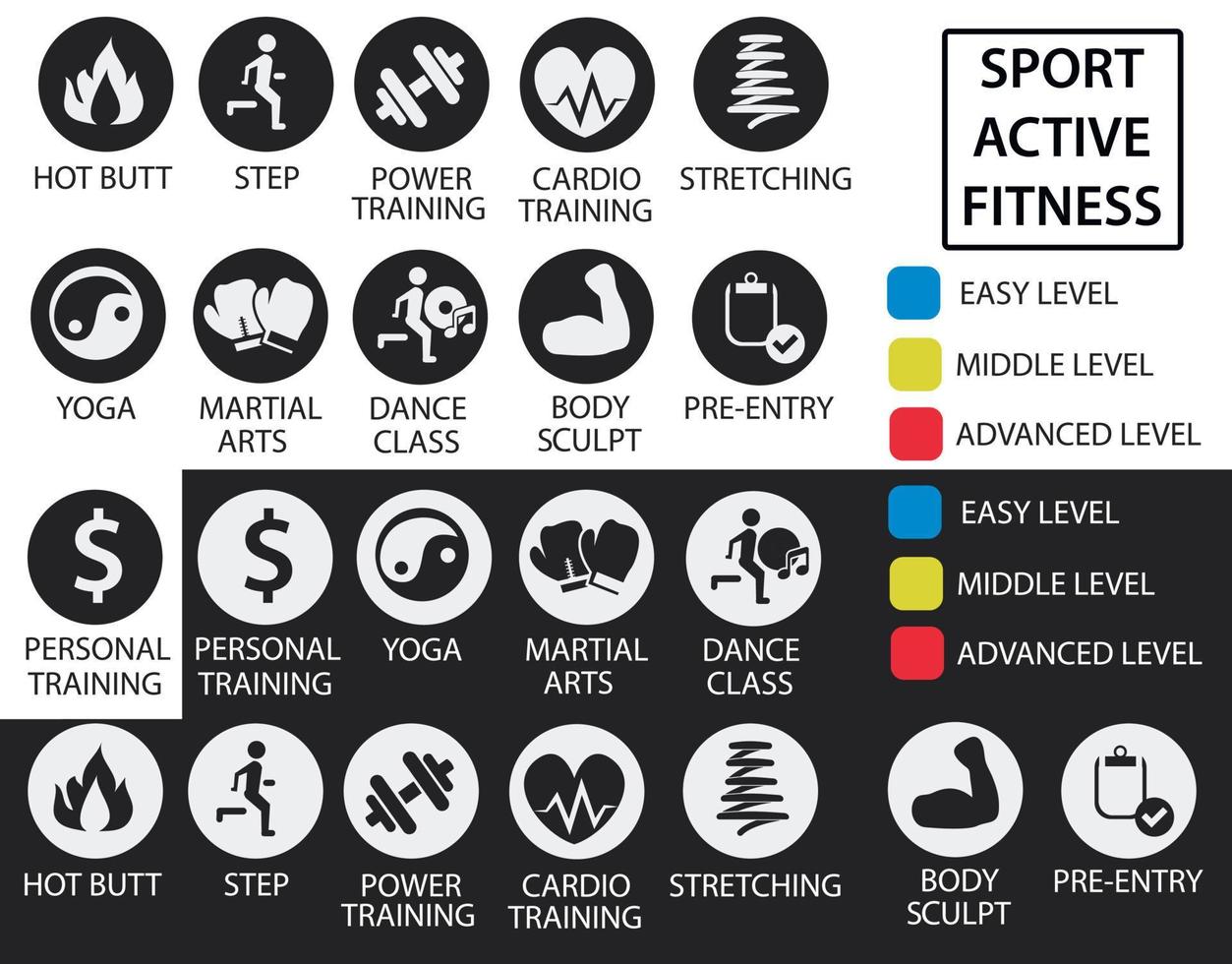 icônes de fitness avec niveaux d'entraînement et de difficulté pour la planification dans les clubs de fitness et de sport. également à utiliser lors du développement de sites Web et de documents. ensemble des icônes sportives. vecteur