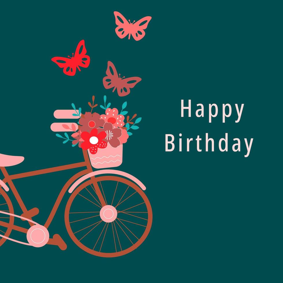 vélo avec papillon et un panier plein de fleurs. carte d'anniversaire romantique vecteur