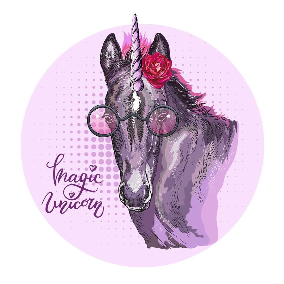 portrait d'une licorne avec des lunettes vector illustration dessinée à la main