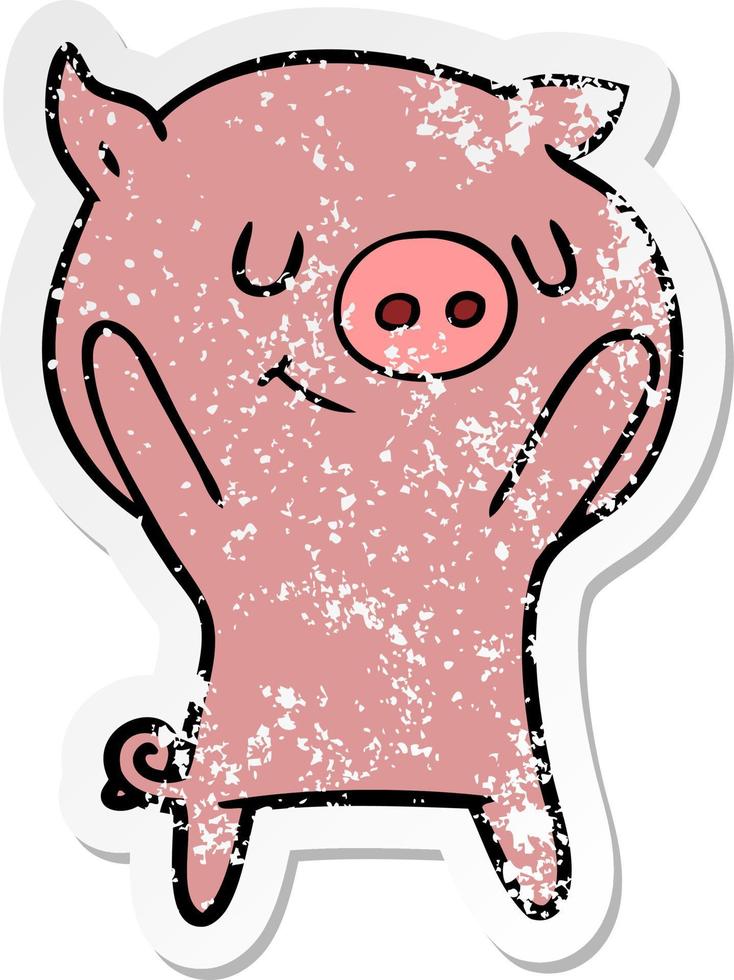 autocollant en détresse d'un cochon de dessin animé heureux vecteur