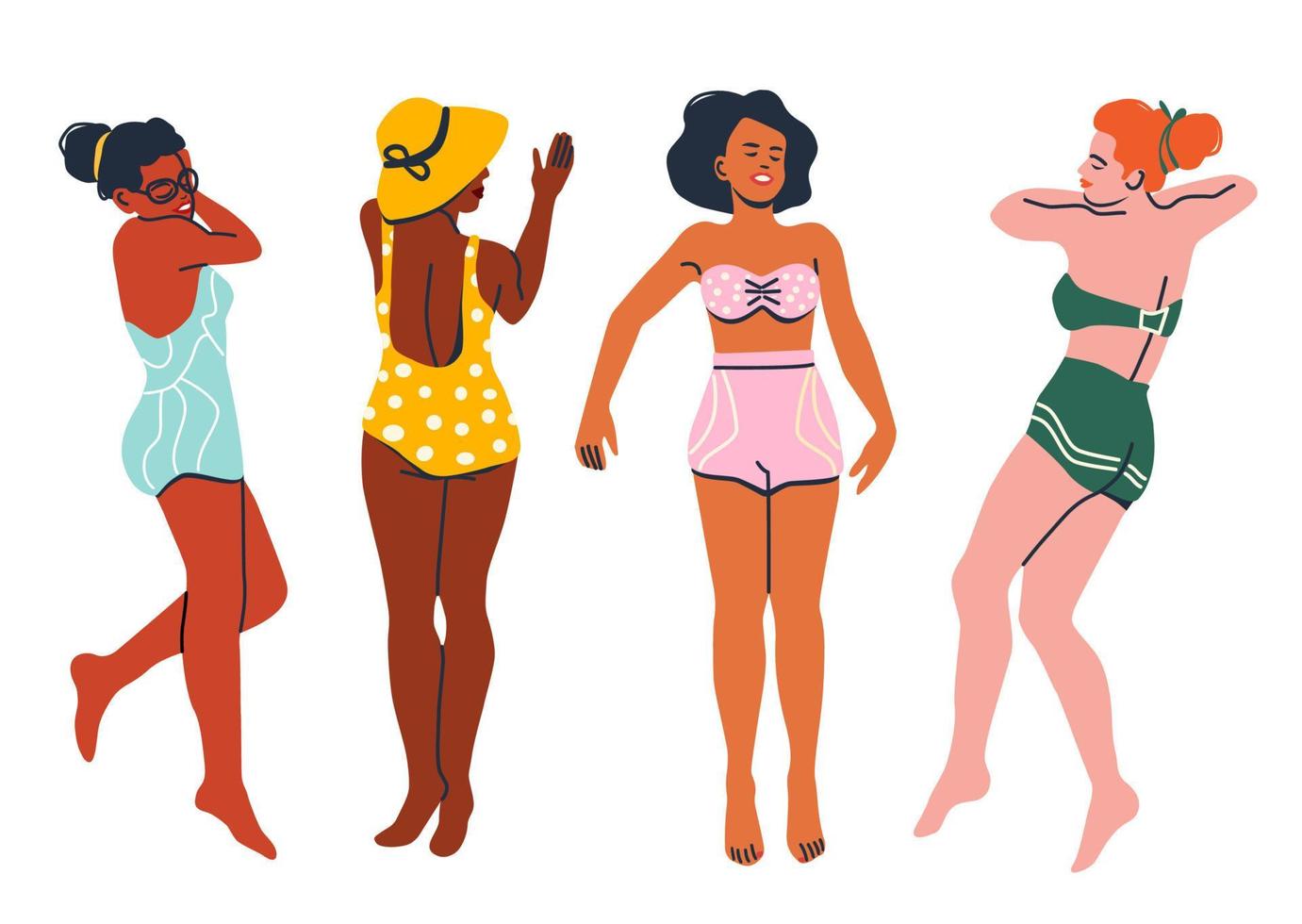 un ensemble de femmes diverses en maillots de bain colorés, allongées sur une plage, vue de dessus. filles de la mode d'été. bronzage des femmes en bikini. vecteur