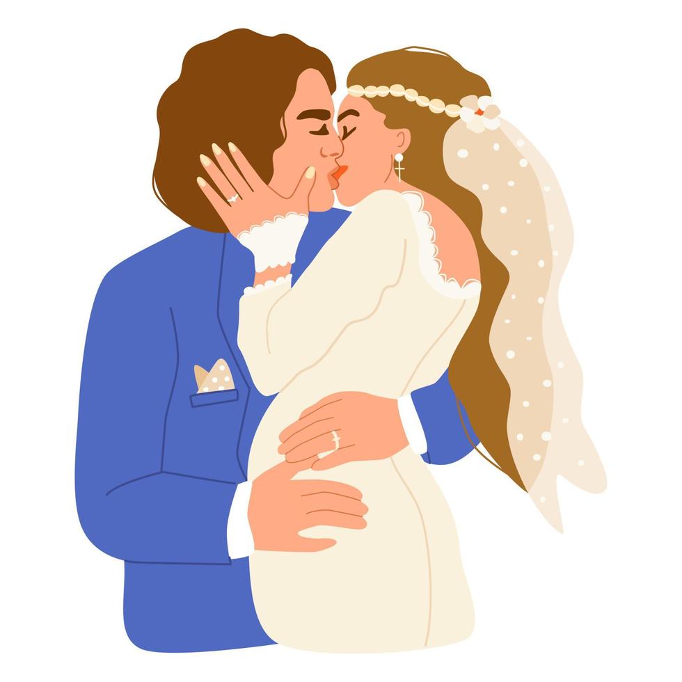 couple de mariage isolé sur fond blanc. la mariée et le marié s'embrassent. mode nuptiale. baiser émotionnel le jour du mariage. vecteur