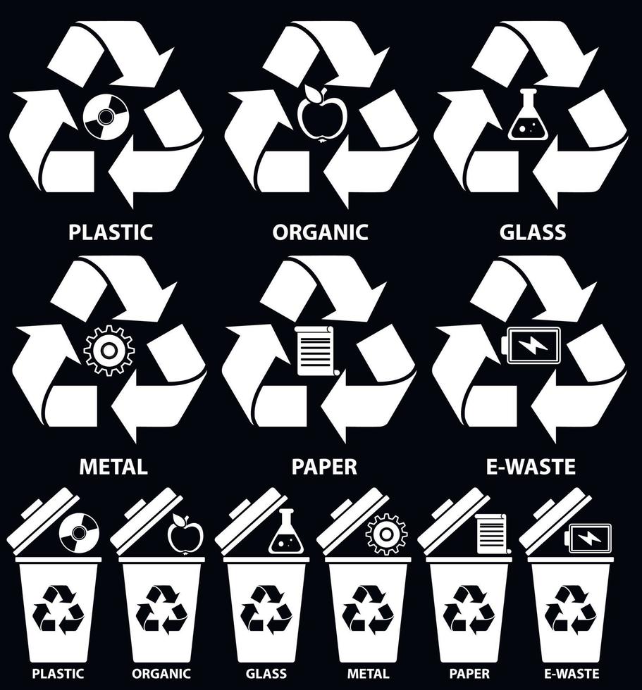 icônes de poubelles avec différents types de déchets organiques, plastique, métal, papier, verre, déchets électroniques pour le concept de recyclage dans un style plat isolé sur fond bleu. illustration vectorielle. vecteur