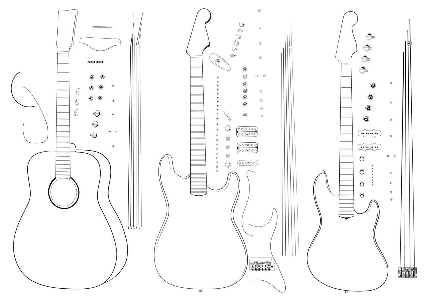 trois guitares basse, électro et acoustique en illustration vectorielle. version éclatée. vecteur