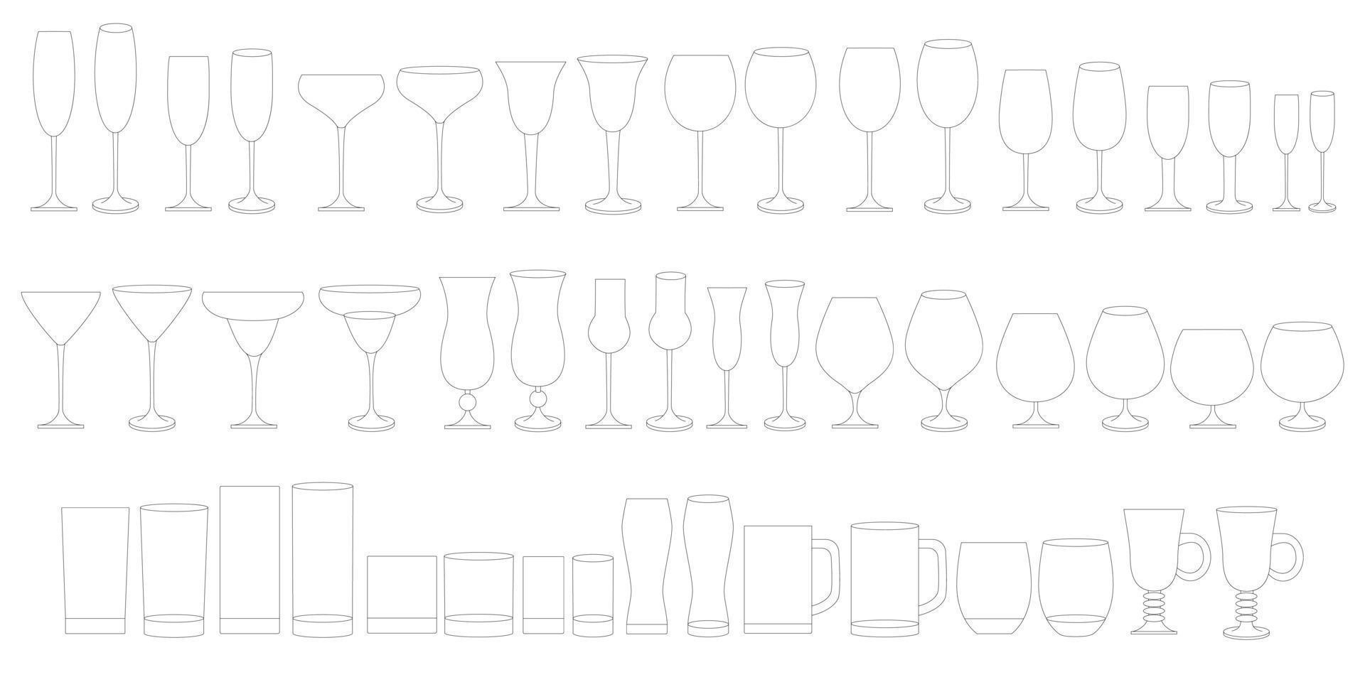 verres à vin, champagne, whisky, cognac. types de verres pour boissons alcoolisées et non alcoolisées. vecteur