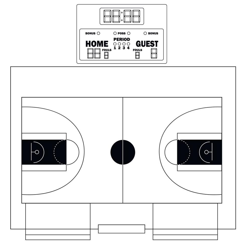 illustration vectorielle de terrain de basket-ball en couleurs noir et blancs. infographies pour les pages Web, les émissions sportives, les arrière-plans de stratégies. ballon, étui de basket, tableau de bord. vecteur