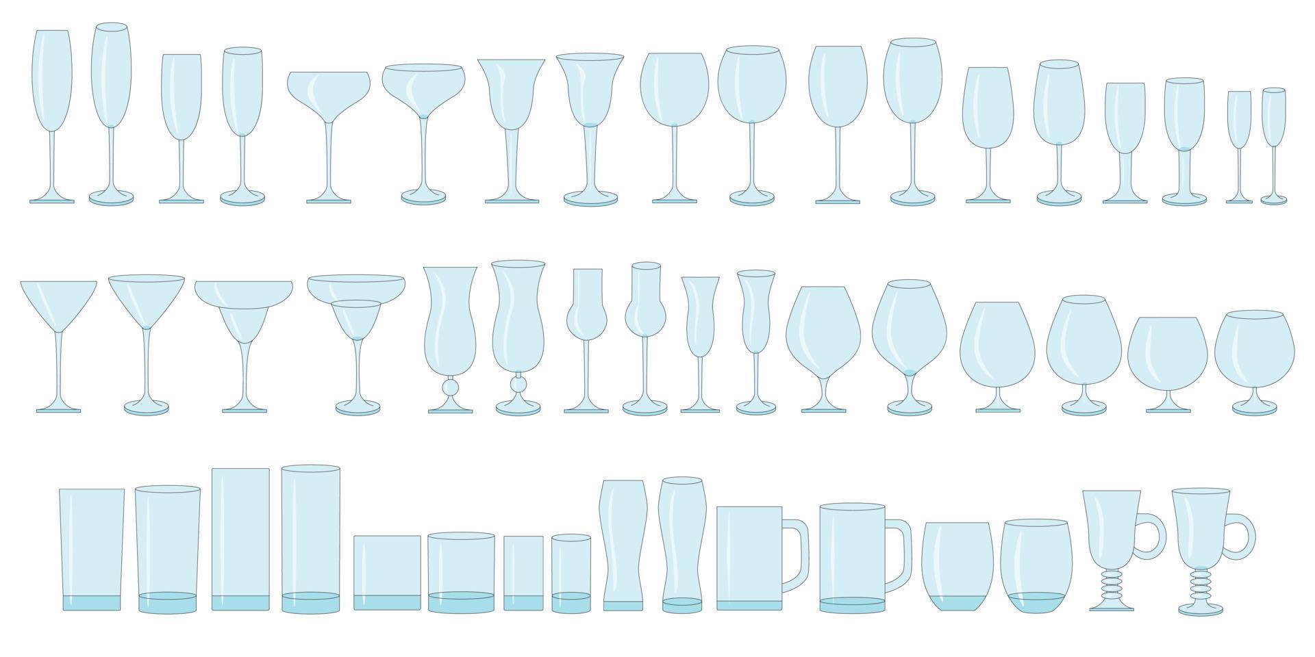 verres de couleur pour vin, champagne, whisky, cognac. types de verres pour boissons alcoolisées et non alcoolisées. vecteur