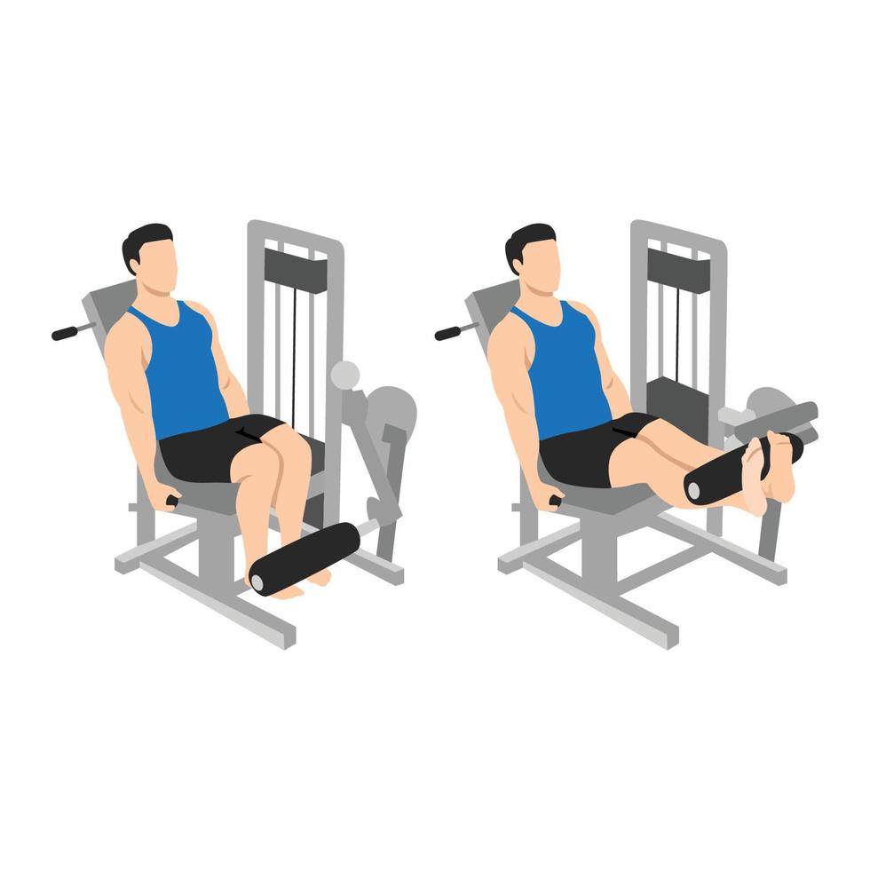 homme faisant l'extension de la jambe sur l'exercice de la machine. illustration de vecteur plat isolé sur fond blanc